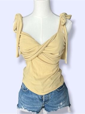 Verge Girl yellow ribbed twist tank with tie sleeves